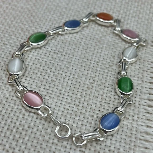 Stunning Vintage Sterling Silver Chainlink Bracelet with Multicolored Cabochons - Picture 5 of 16